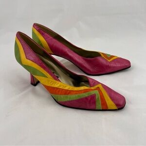 Vintage Colorful Women's Heels with Pink and Yellow Accents